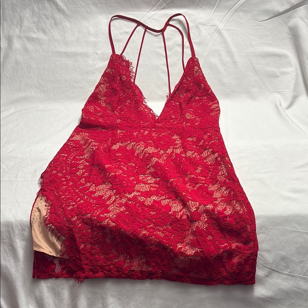 TOBI Bodycon Red Lace with Plunging V-Neck and Sheer Floral Design Size Small